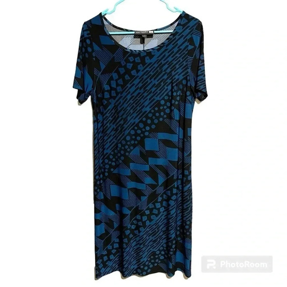 Antthony Dresses & Skirts - Antthony Shirt Sleeve Shift Dress Geometric Blue Black Design Women’s M